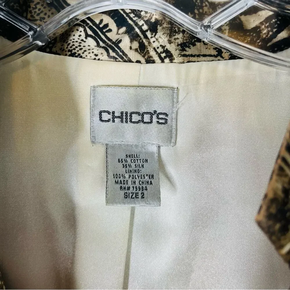 Chico’s cream brown silk floral office boho preppy lightweight blazer large